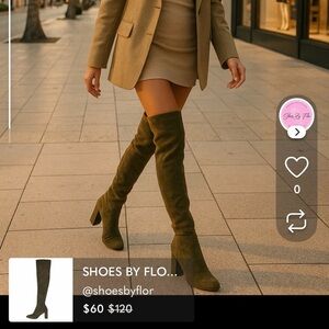 SHOES BY FLOR / Army JM / Olive Suede / Over The Knee / With Block Heel / Size 6